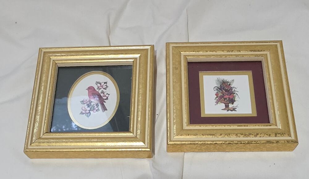 Vintage Heartfelt Collection Floral Mini Framed Prints Set of 3 Gold Tone